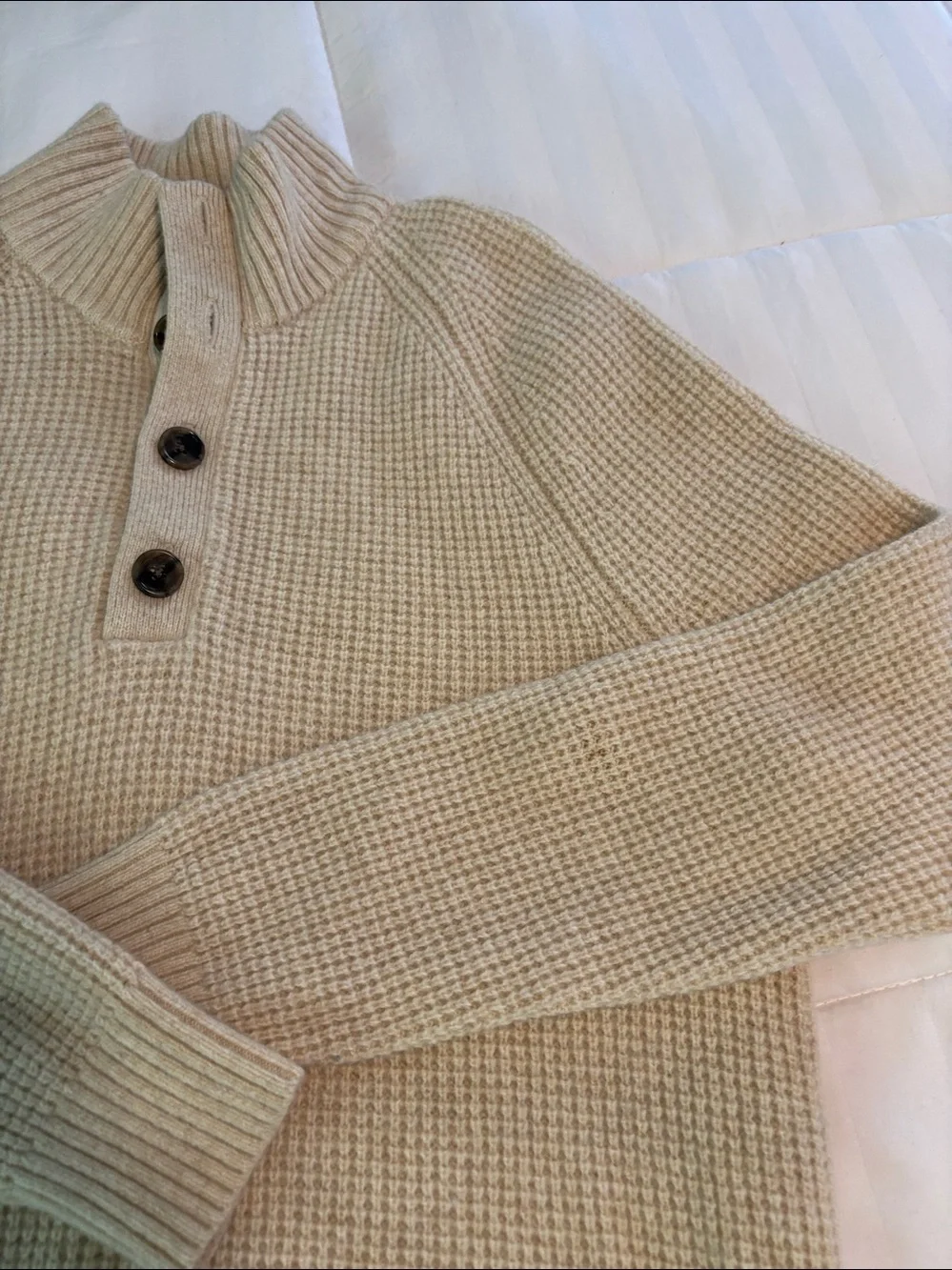 Banana Republic Marino Wool Men's Cream Waffle-Knit Button Mock Neck Sweater